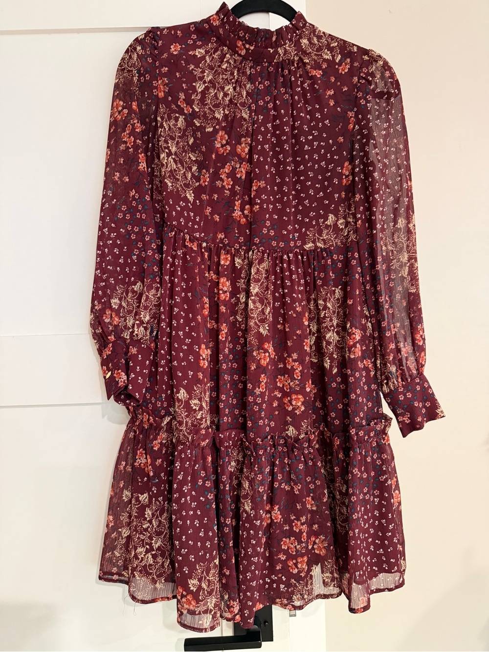 Eliza J Burgundy Floral High-Neck Tiered Mini Dress